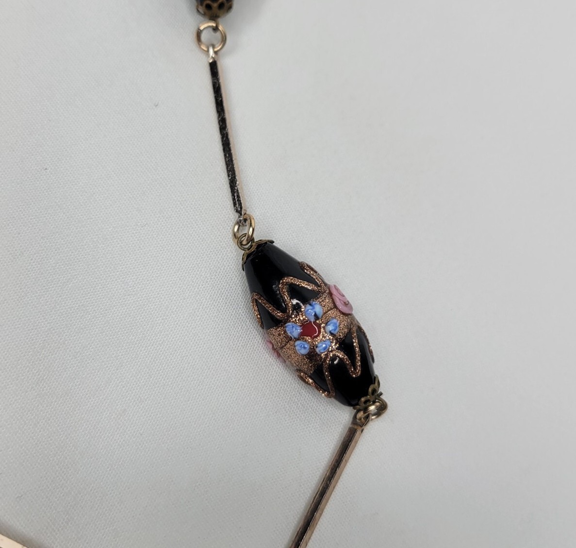 Vintage Venetian Glass Beaded Necklace Black Pink Blue Lampwork Beads Gold Tone