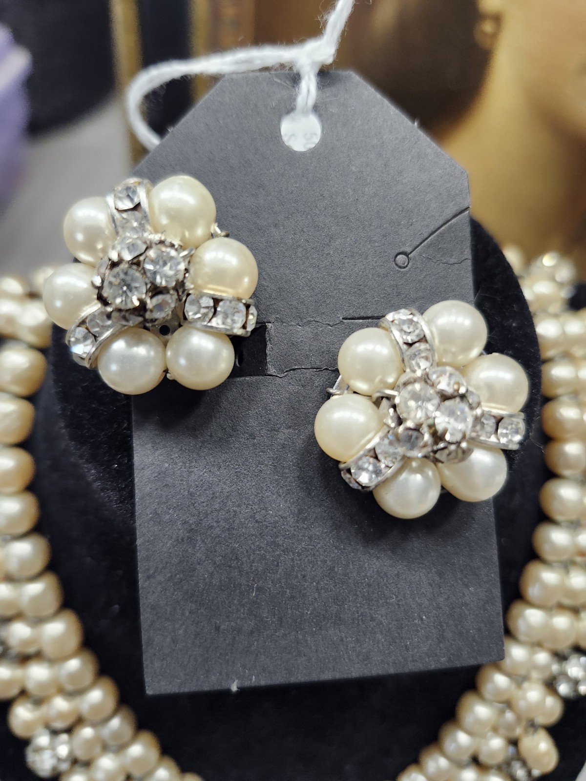 STUNNING 1950s Pearls & Rhinestone DROP Necklace & Clip Earring SET Estate WoW!