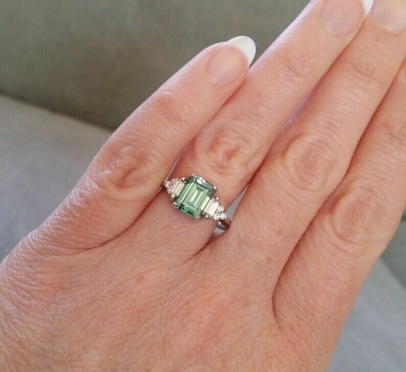 Art Deco Style Mint Green Lab Created Emerald Gothic Engagement 925 Silver Ring
