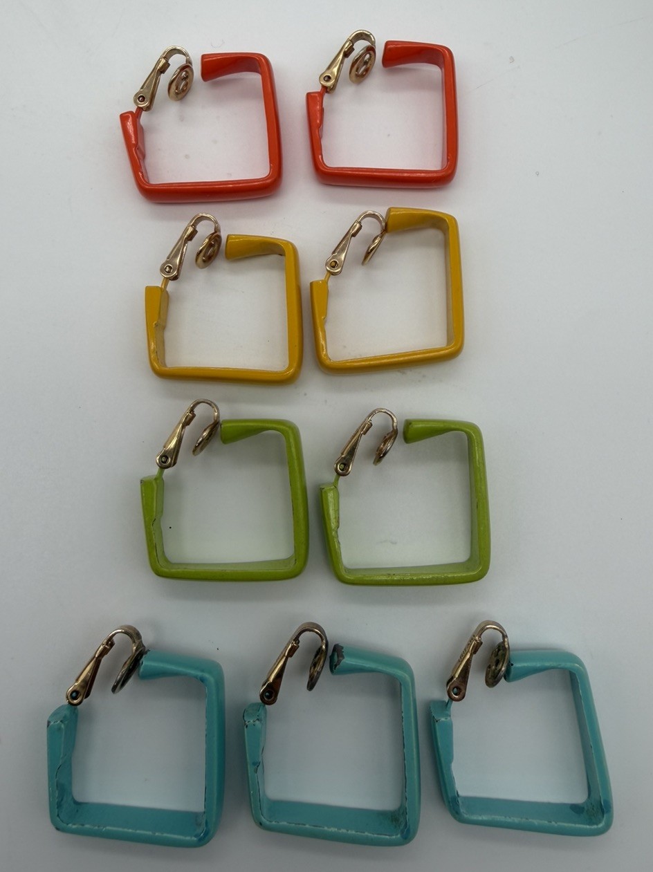 Vintage Crown Trifari Enamel Square Hoop Clip On Earrings Lot Multi Color 1960s