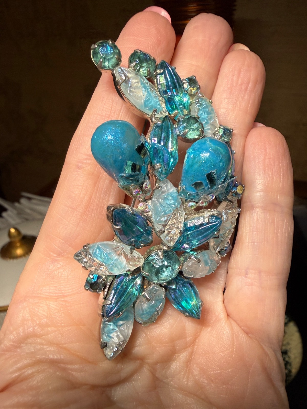 Vintage High End Brooch blue givre glass 3D molded iridescent rhinestones Floral