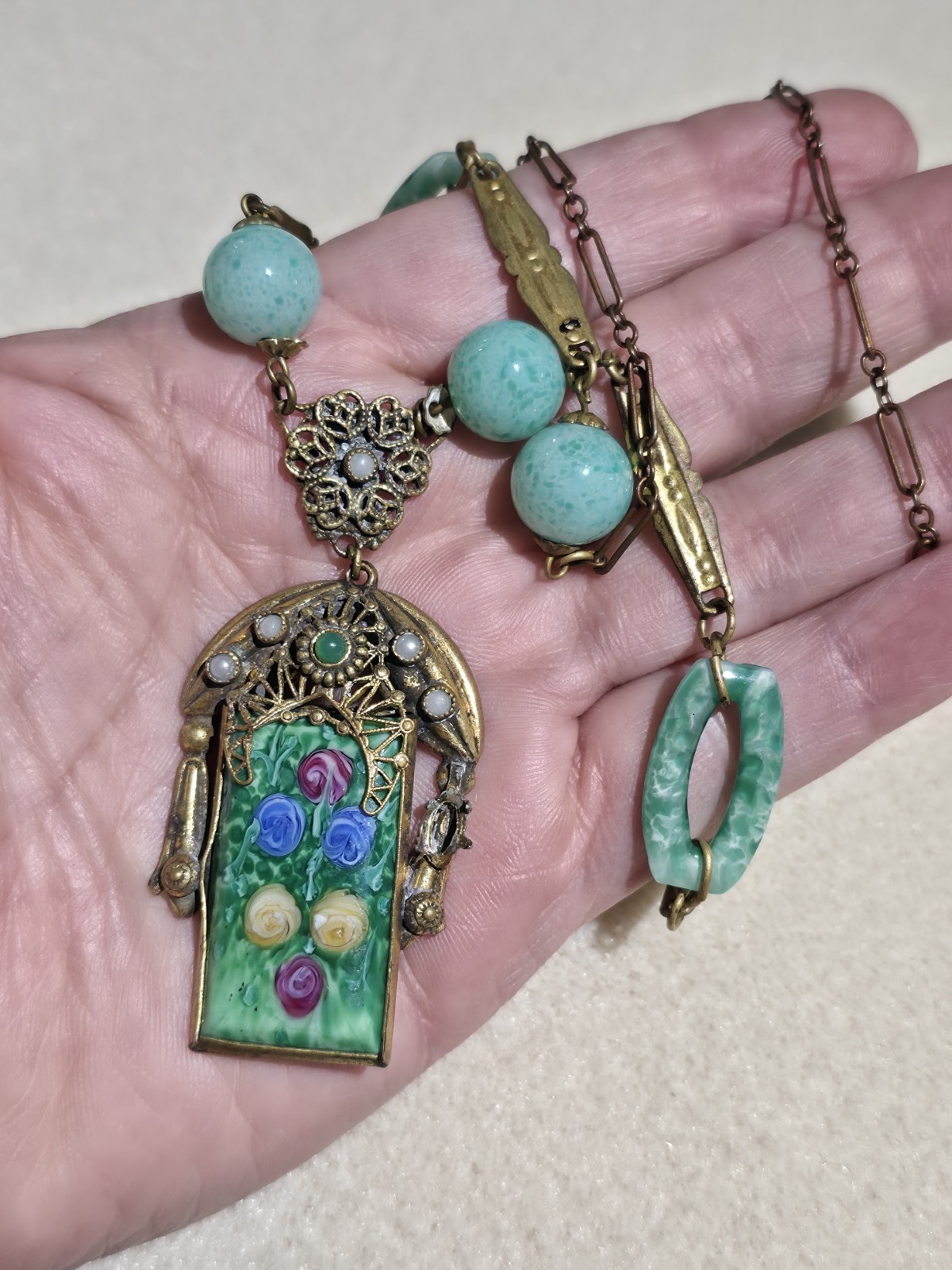 Vtg Art Deco Czech Peking Glass Flower Pendant Necklace Enamel Brass As Is