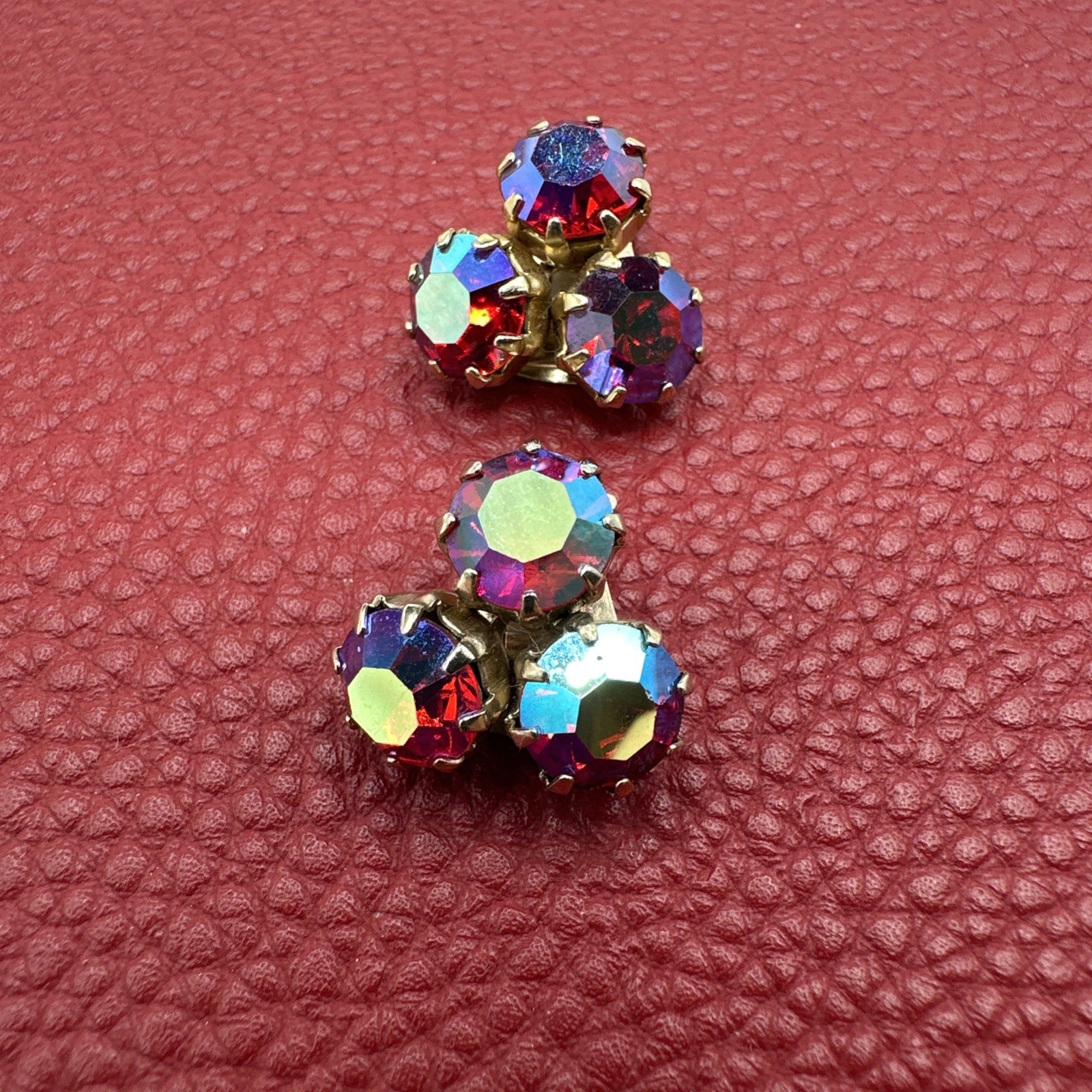 Vintage WEISS Red Aurora Borealis Clip on Earrings. See pics.