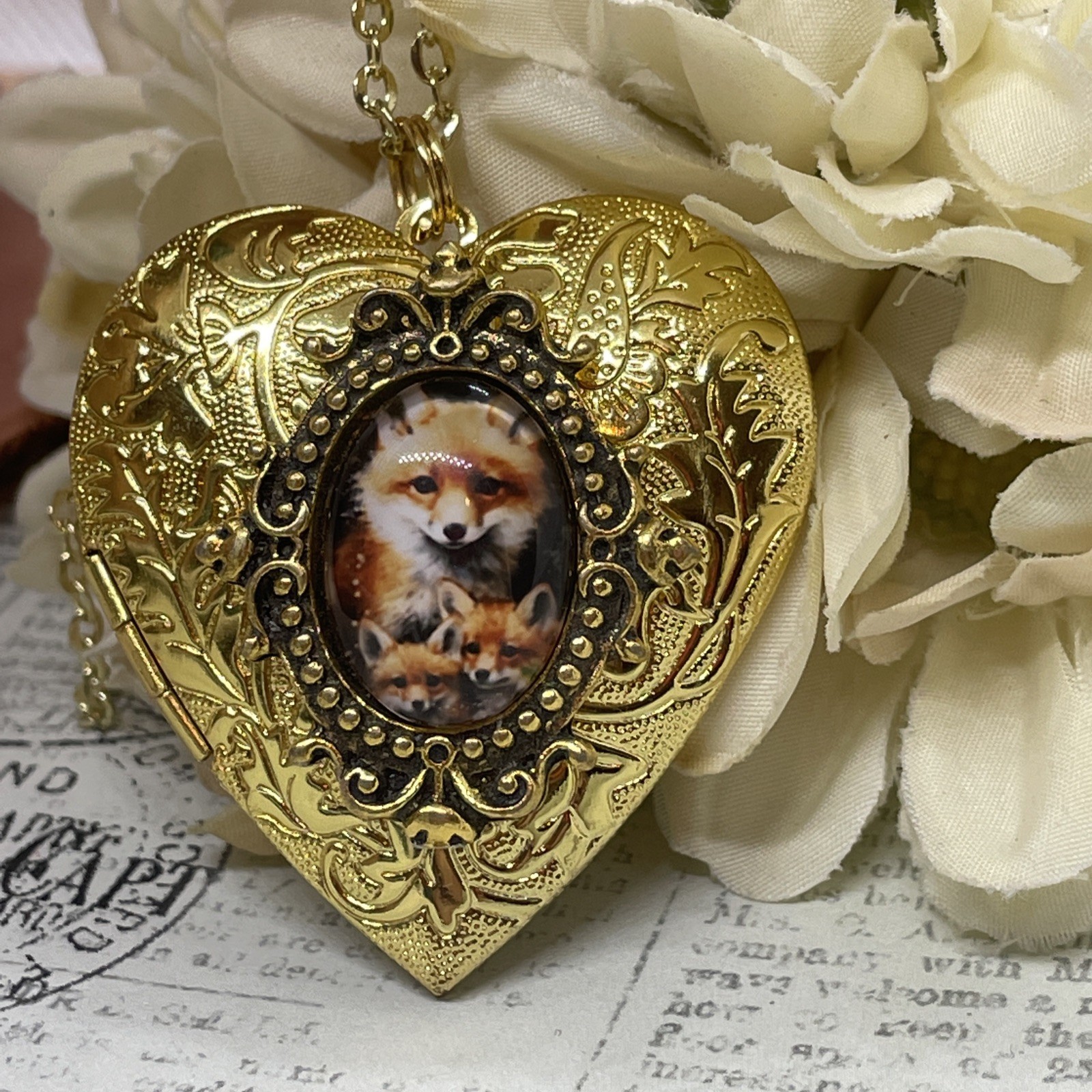 Gold Heart Locket Photo Kit Birthday Anniversary Wedding Fox Mom Baby Necklace
