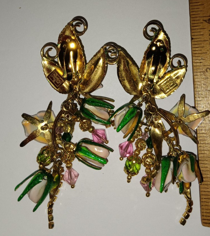 4″ Vtg 1980s Lunch at Ritz Enamel Rose Flower Rhinestone Clip On Dangle Earrings