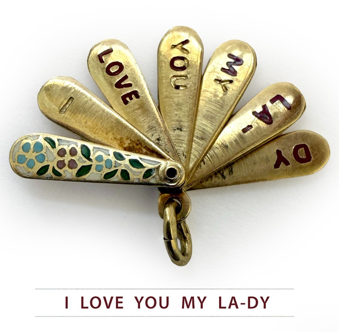 Rare 1930s 14K Gold Enamel Fan Charm Opens Secret Love Message Art Deco