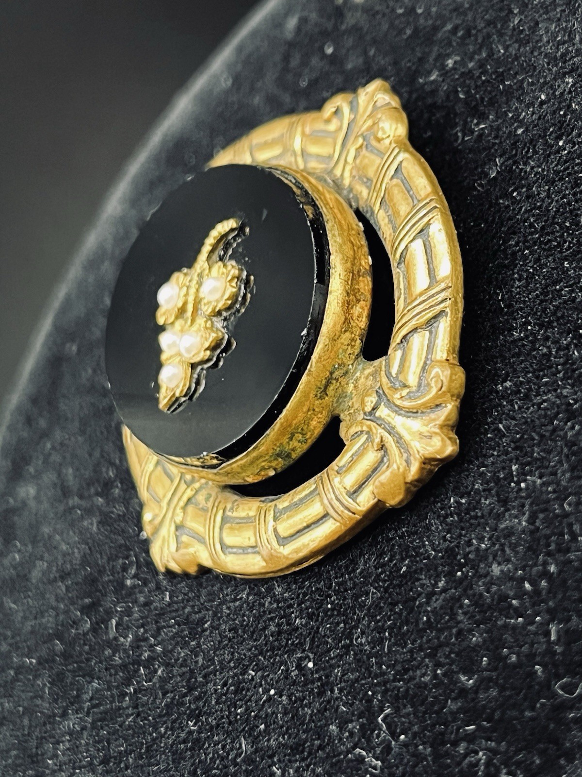 Victorian/Mourning Style VTG. Repousse Brass Black Glass Brooch Faux Pearl 2 1/8