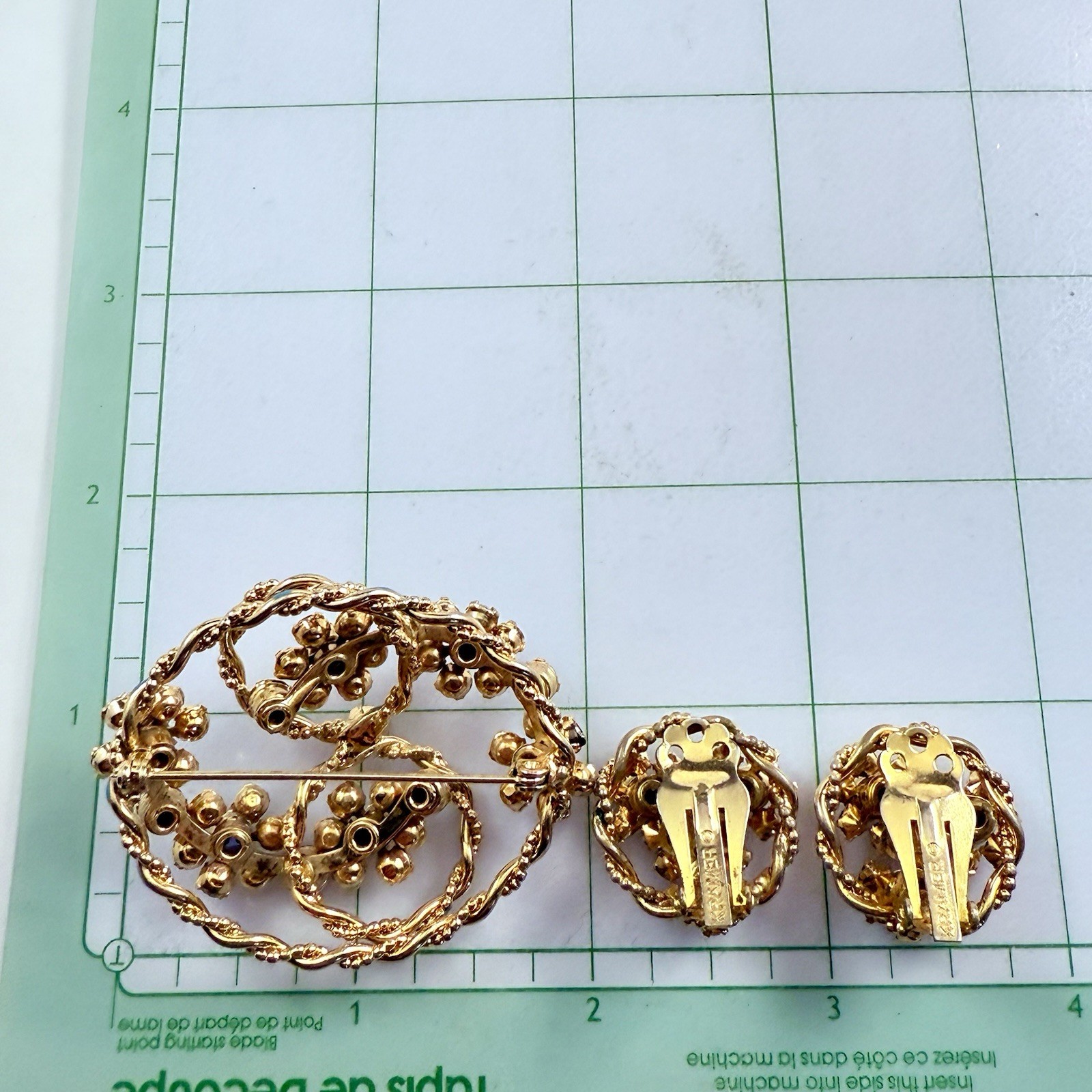 VTG KRAMER Blue & Purple AB Rhinestone Enameled Gold Tone Brooch & Clip Earrings