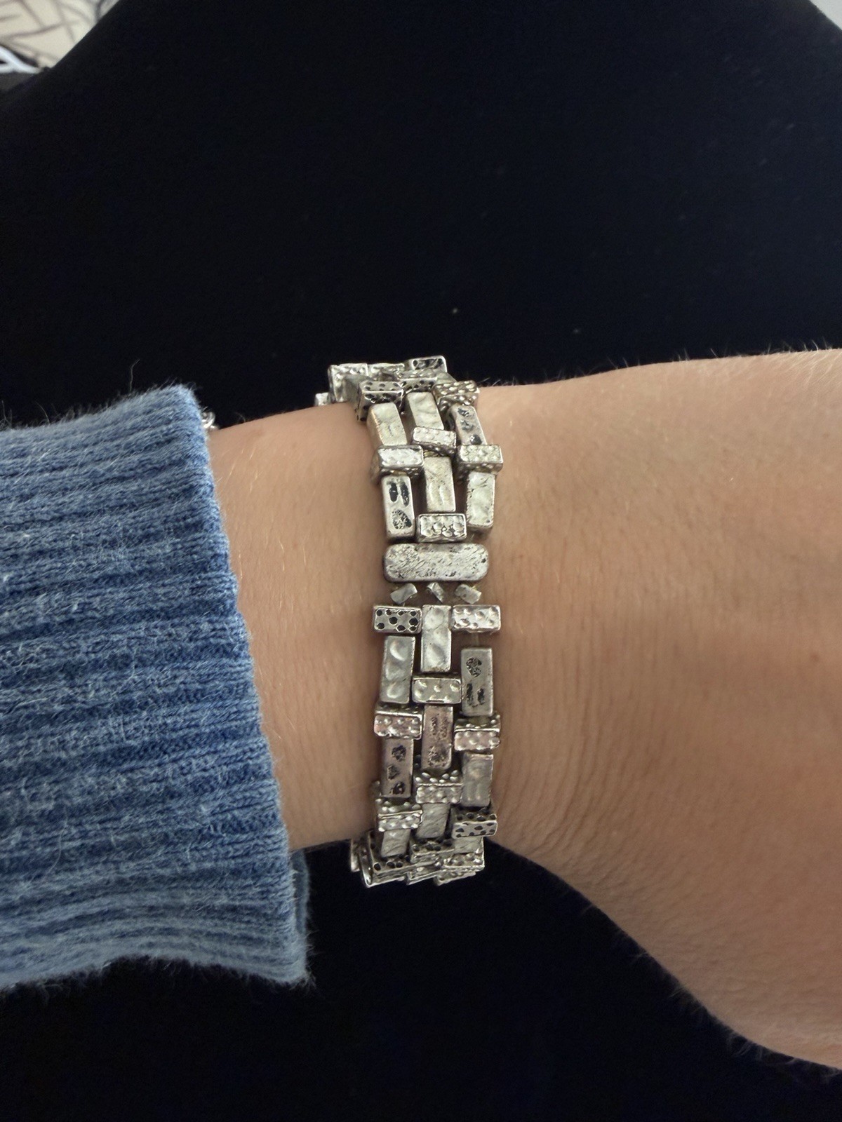 Vintage Silver Tone Triple Row Stretch Bracelet Hammered Brutalist Modernist