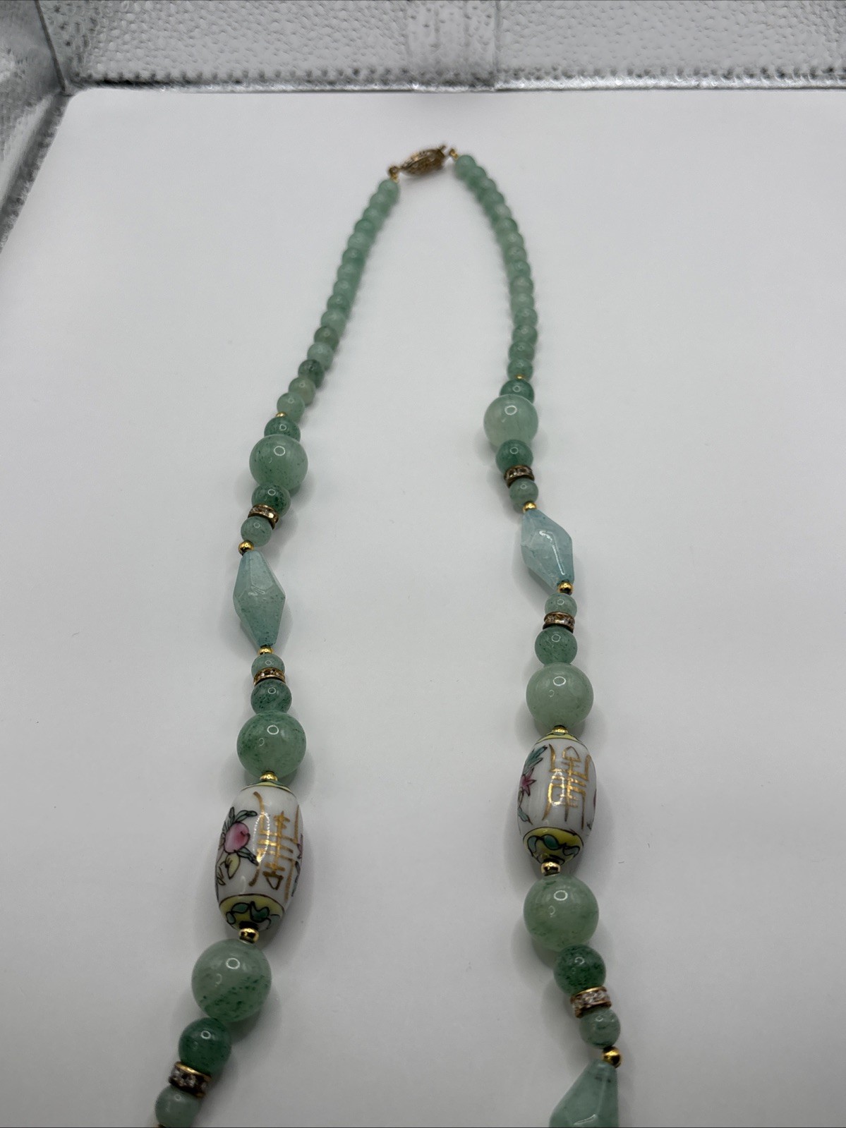 Vintage Chinese Hand-Painted Porcelain and Green Jade Beaded 34”Necklace