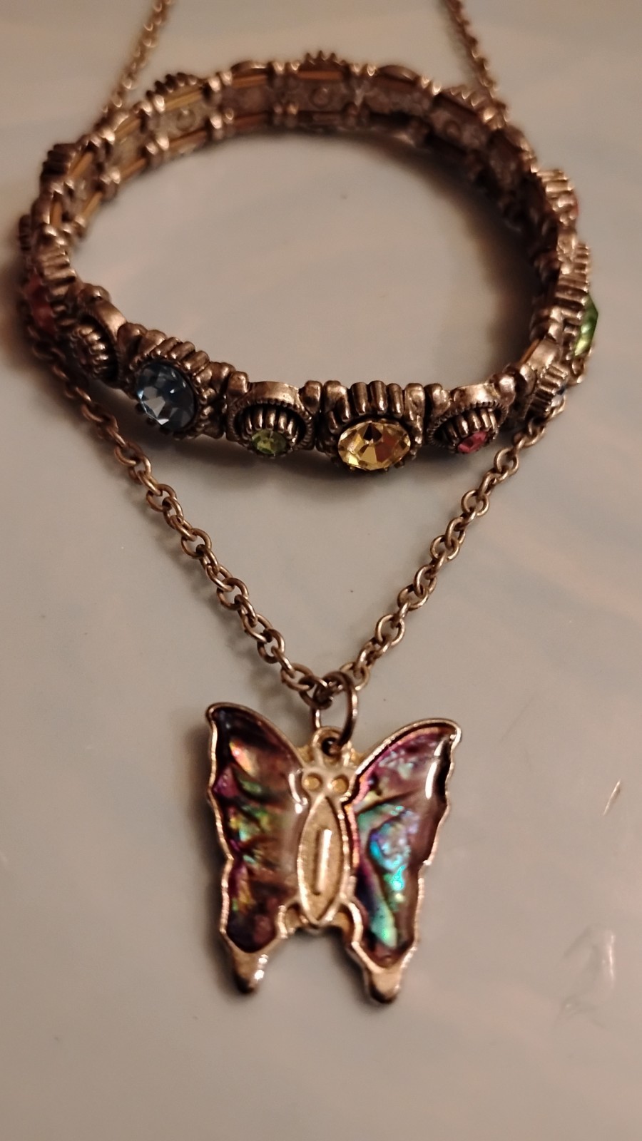 Vintage Butterfly Charm Necklace Korea & Antique Silver Rhinestone Bracelet Set
