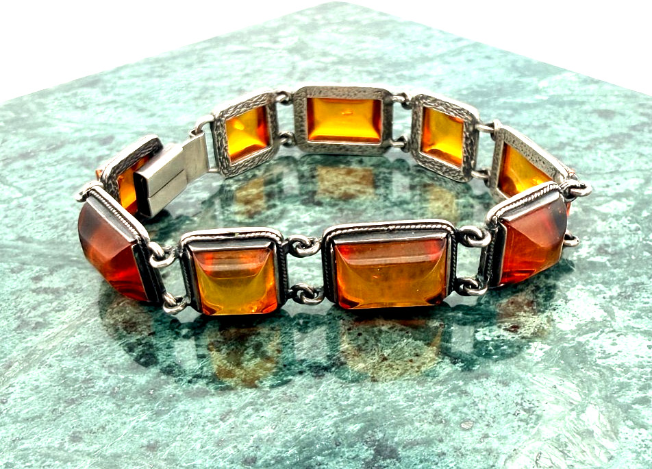 925 Sterling Silver Vintage Multiple Honey Amber Square Link Bracelet 9 stone