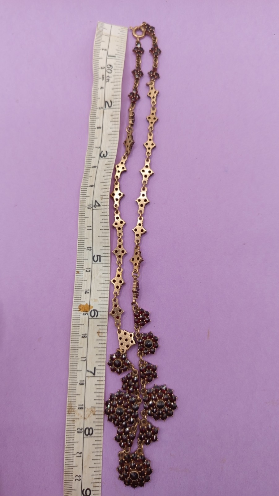 NO TARIFF Antique Bohemian Garnet Necklace Gold Tone VIntage 8 7/8″