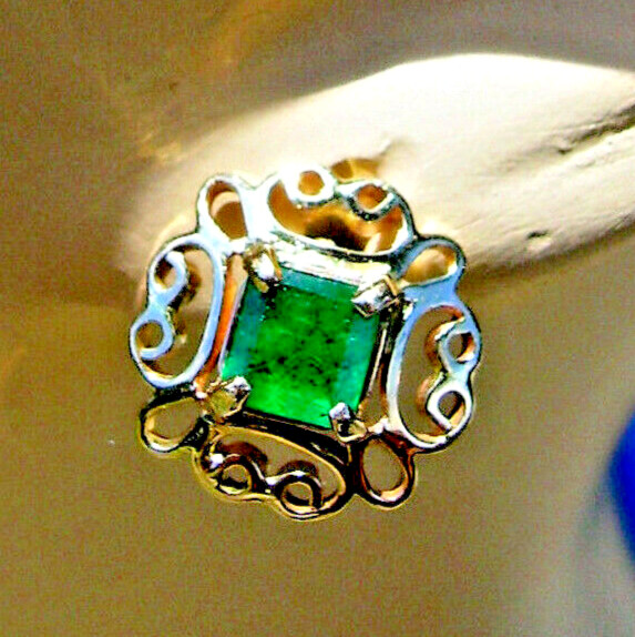 Original EARTH MINED EMERALD Deco Design Earrings Vintage Studs SOLID 14K GOLD