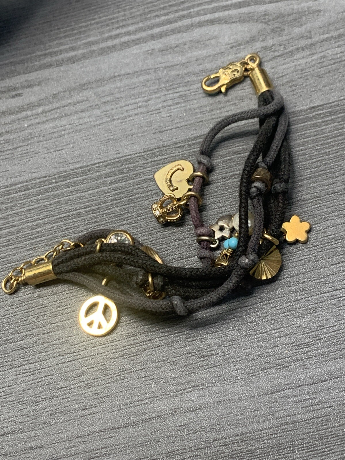 Vintage Juicy Couture Charm Pearl Bracelet Black Cotton, Multi Strand 6.5-7.5”