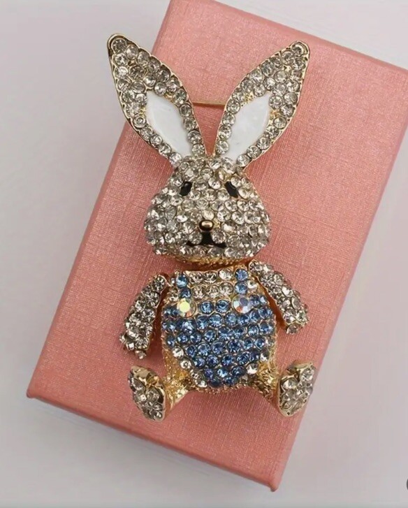 Rabbit in Blue Brooch Pin Rhinestone Covered Moveable Joints Fashion Jewelry