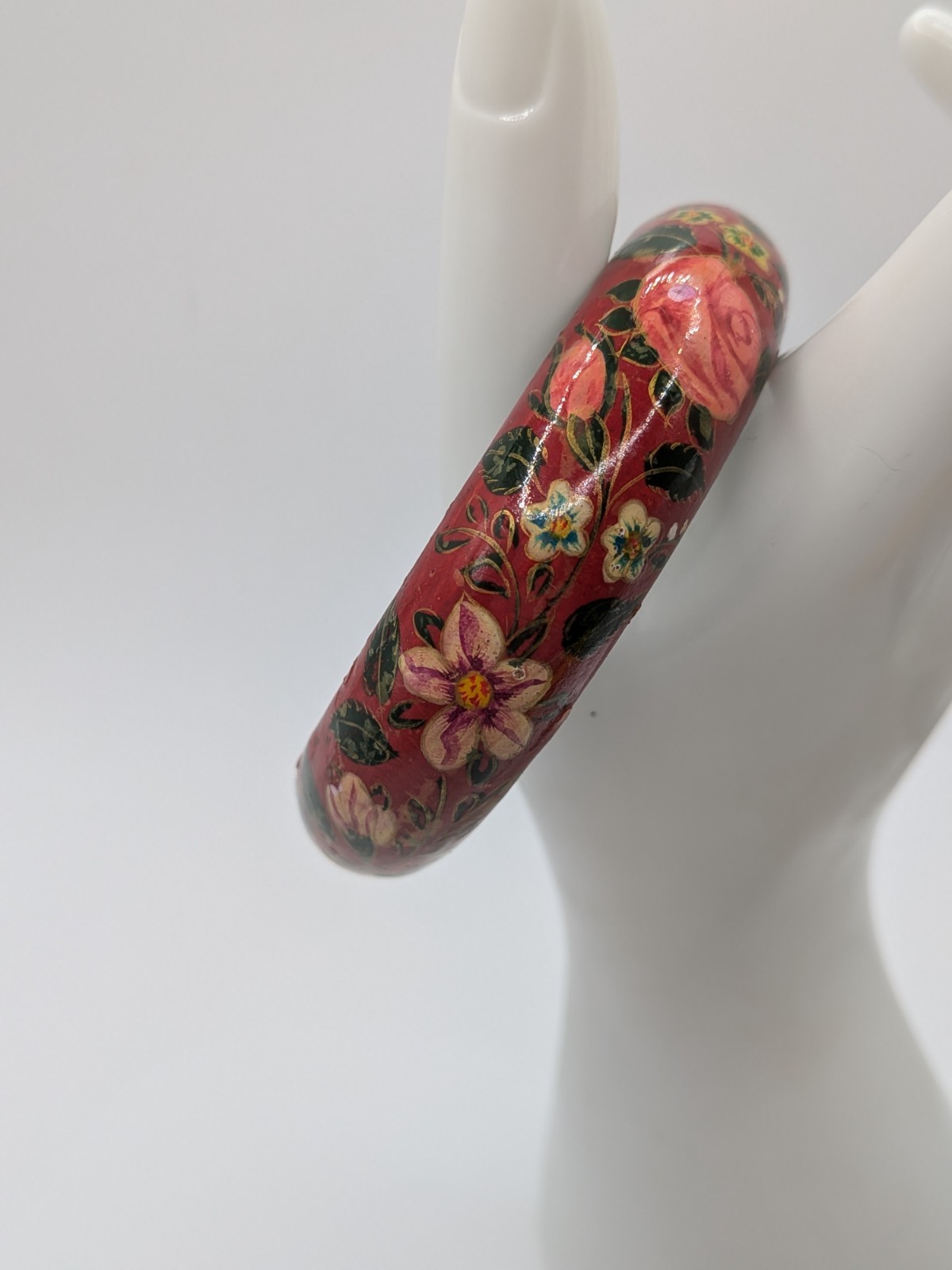 Vintage Russian Style Folk Art Hand Painted Floral Bangle Bracelet Red Laquer