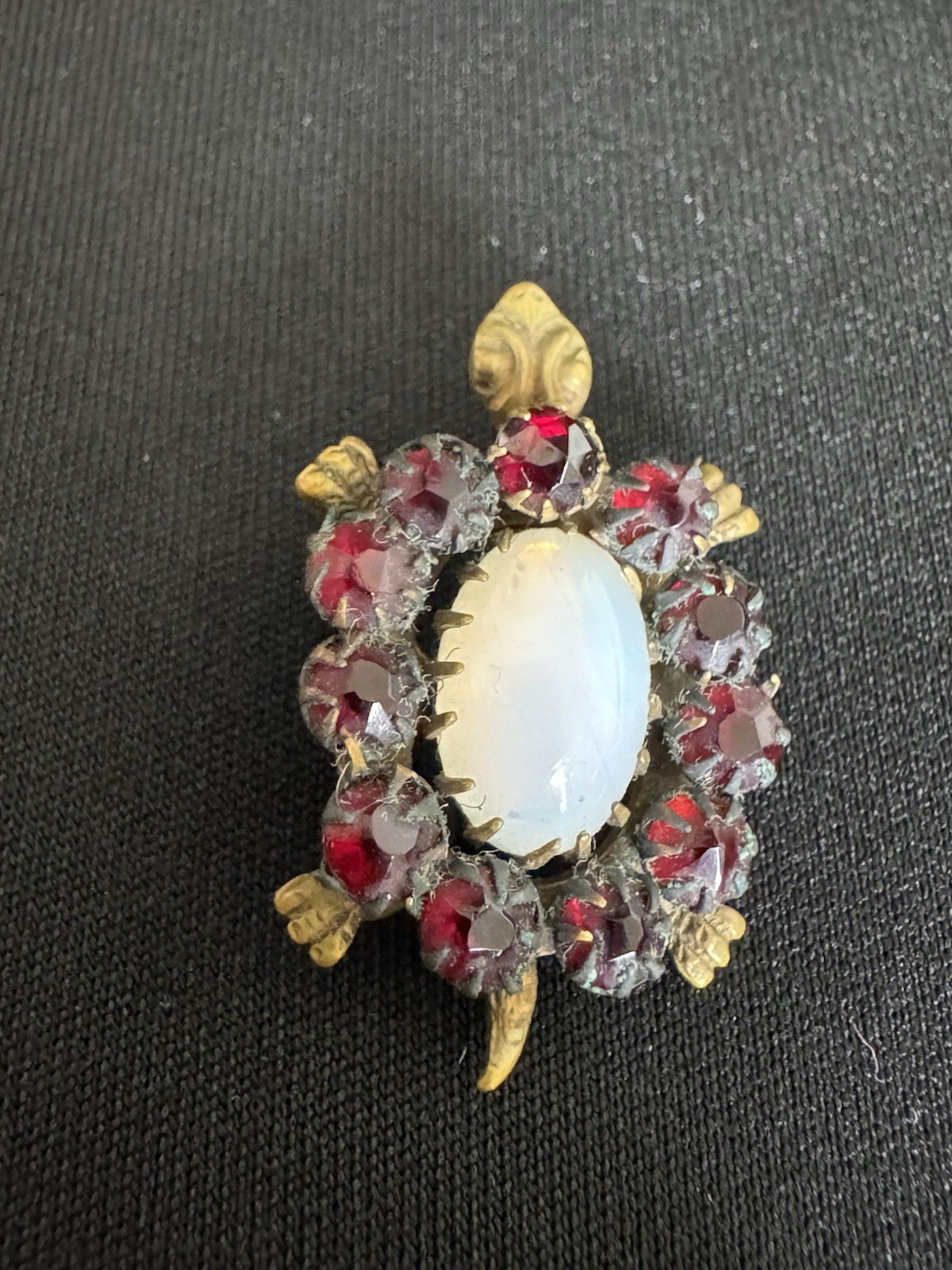 Antique Victorian Turtle Pin With Garnet Opaline Glass Gold Tone C Clasp 1” Cute