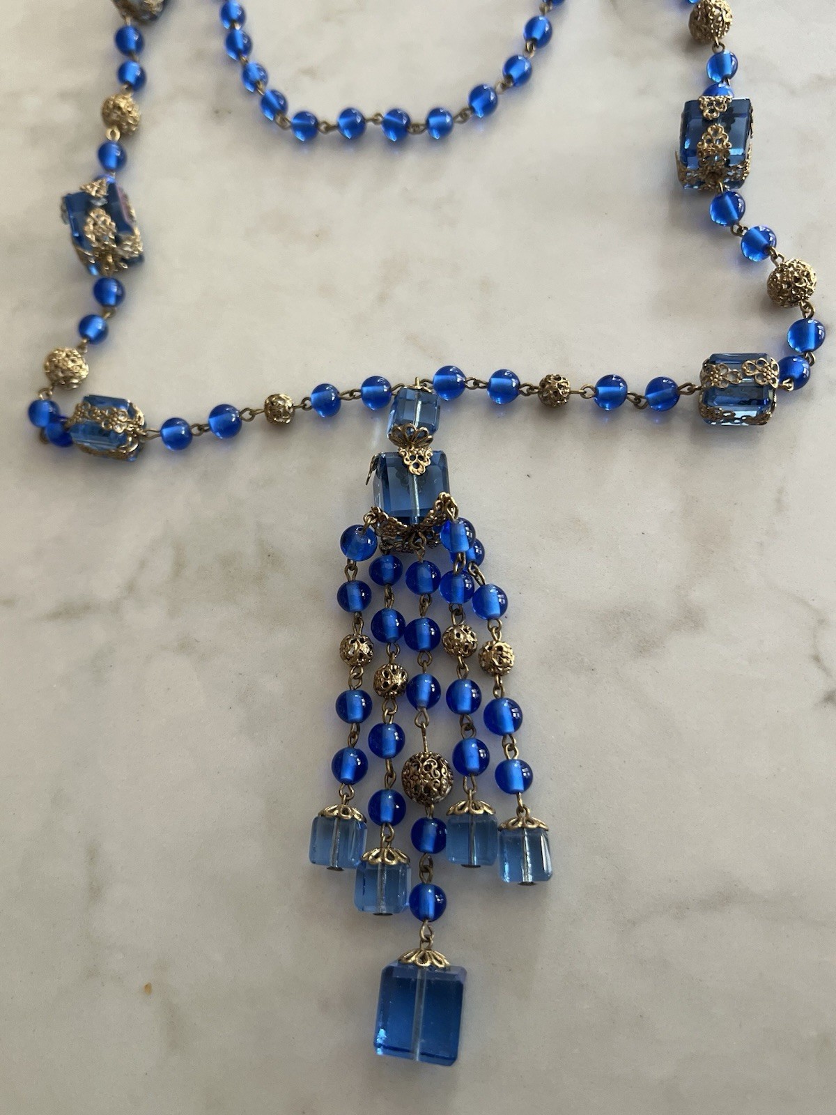 BRIGHT BLUE CRYSTAL/BRASS FILIGREE NEIGER BROS CZECH LONG VTG DECO 20s NECKLACE