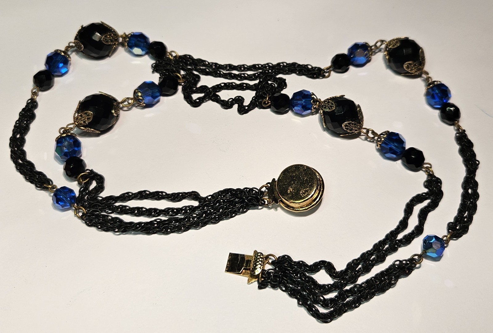VINTAGE STYLE COLBALT BLUE & BLACK CRYSTAL w/BLACK 2 STRAND CHAIN NECKLACE