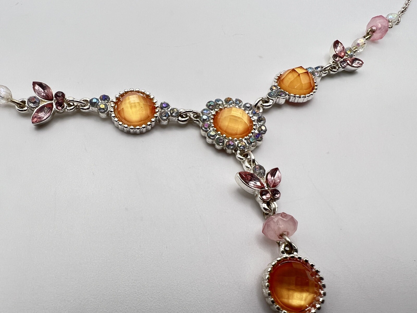 Vintage Silver Tone Orange Pink Rhinestone Butterfly Dangle Necklace 21 In