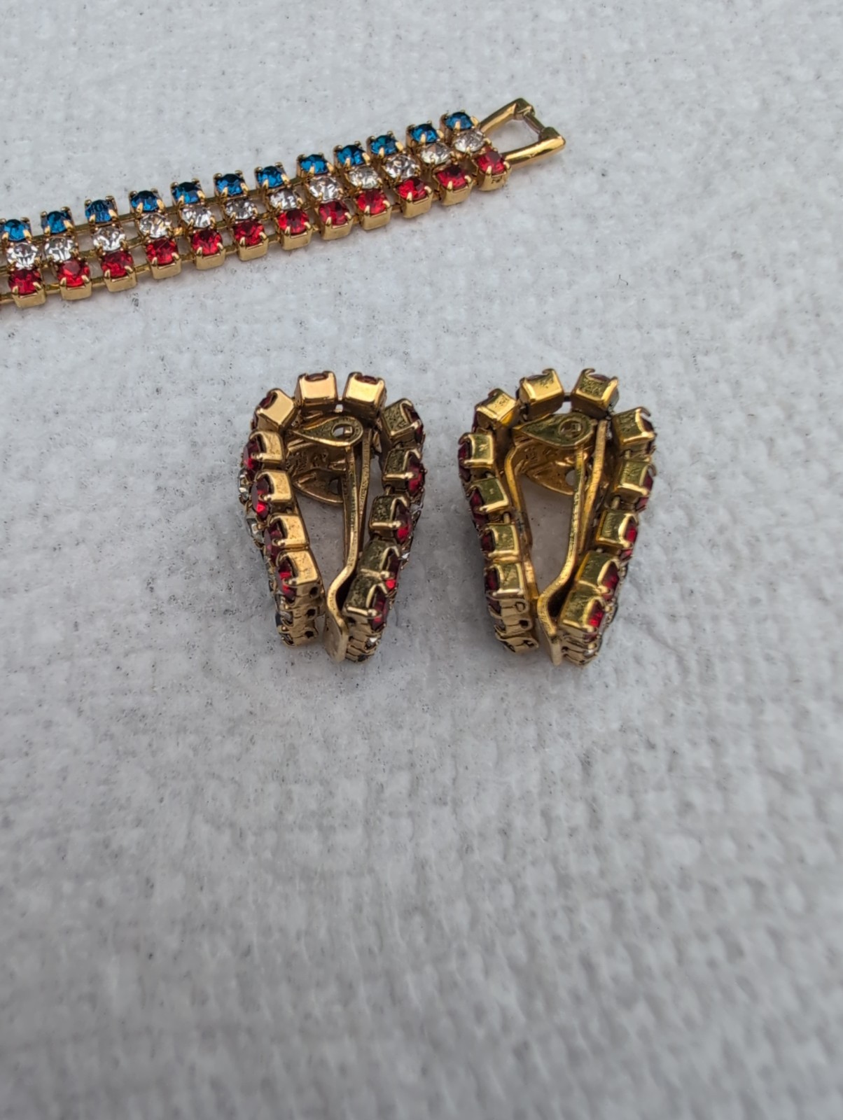 Vintage Red White & Blue Rhinestones Bracelet Clip On Earring Set 4th Of July