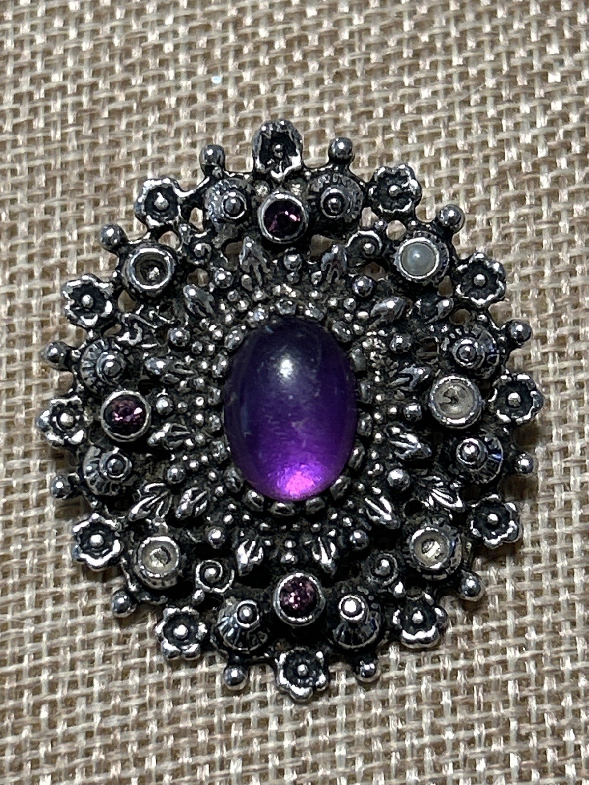 Vintage Sarah Coventry Signed Brooch / Pendant Purple Cabochon Rhinestone Pearl
