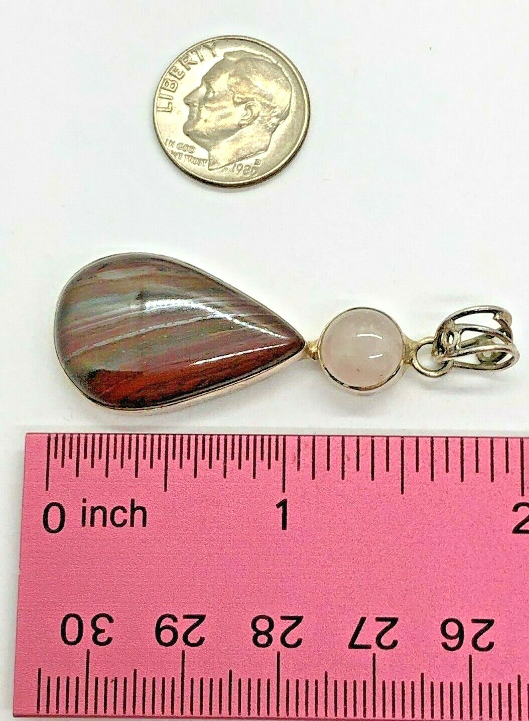 Vintage Sterling Silver Tiger Iron Rose Quartz Teardrop Pendant 8.2 Grams