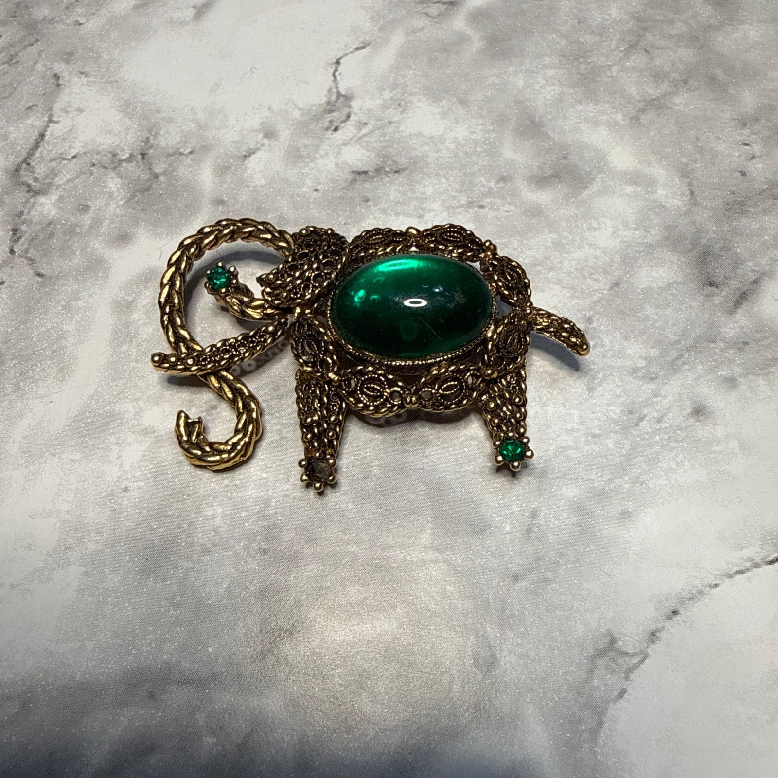 Vintage Elephant Brooch with Green Glass Cabochon and Rhinestone Accents