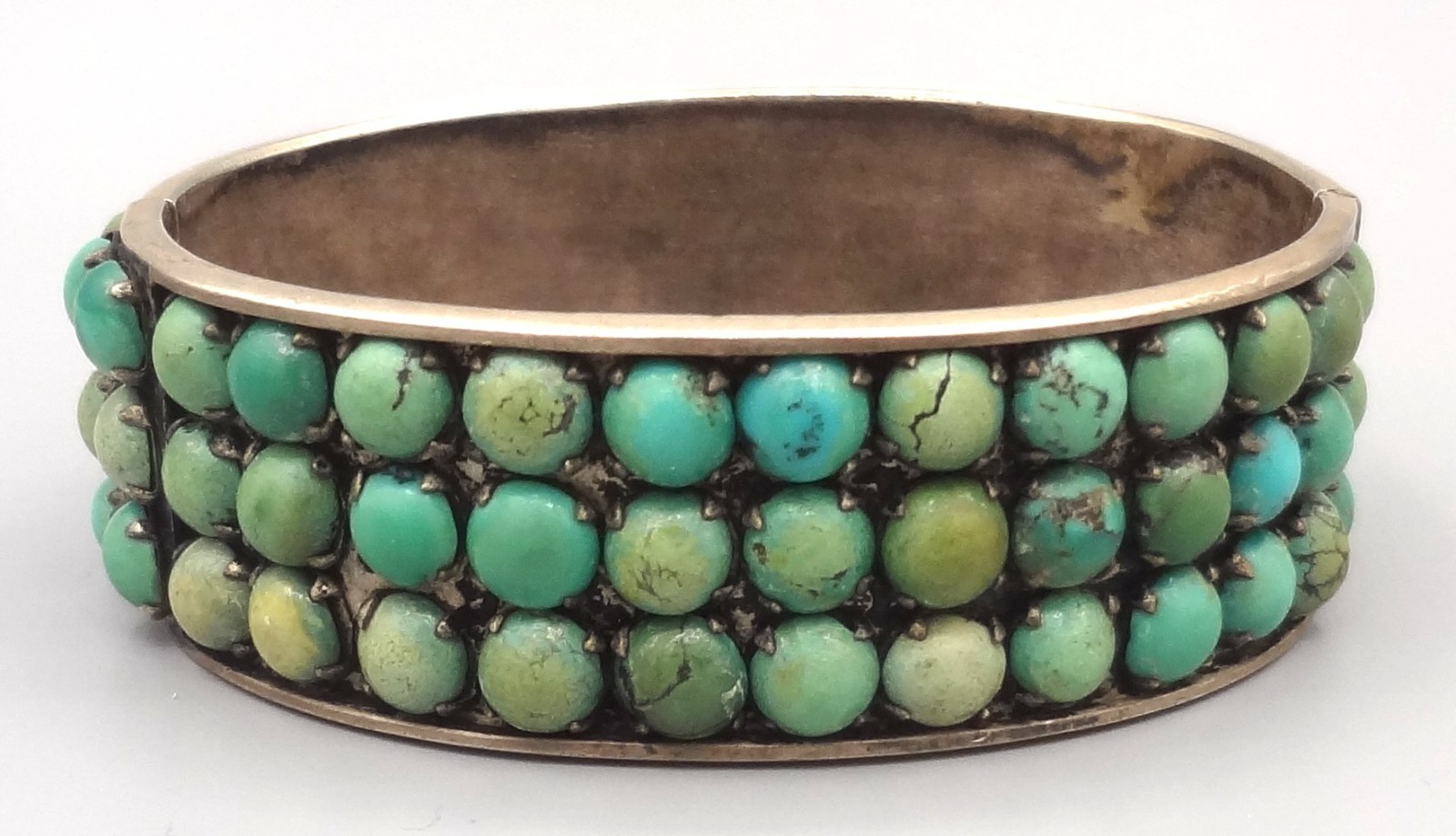 Antique BEE CHINA SILVER Chinese Export 3 Row Turquoise Cuff Bracelet READ
