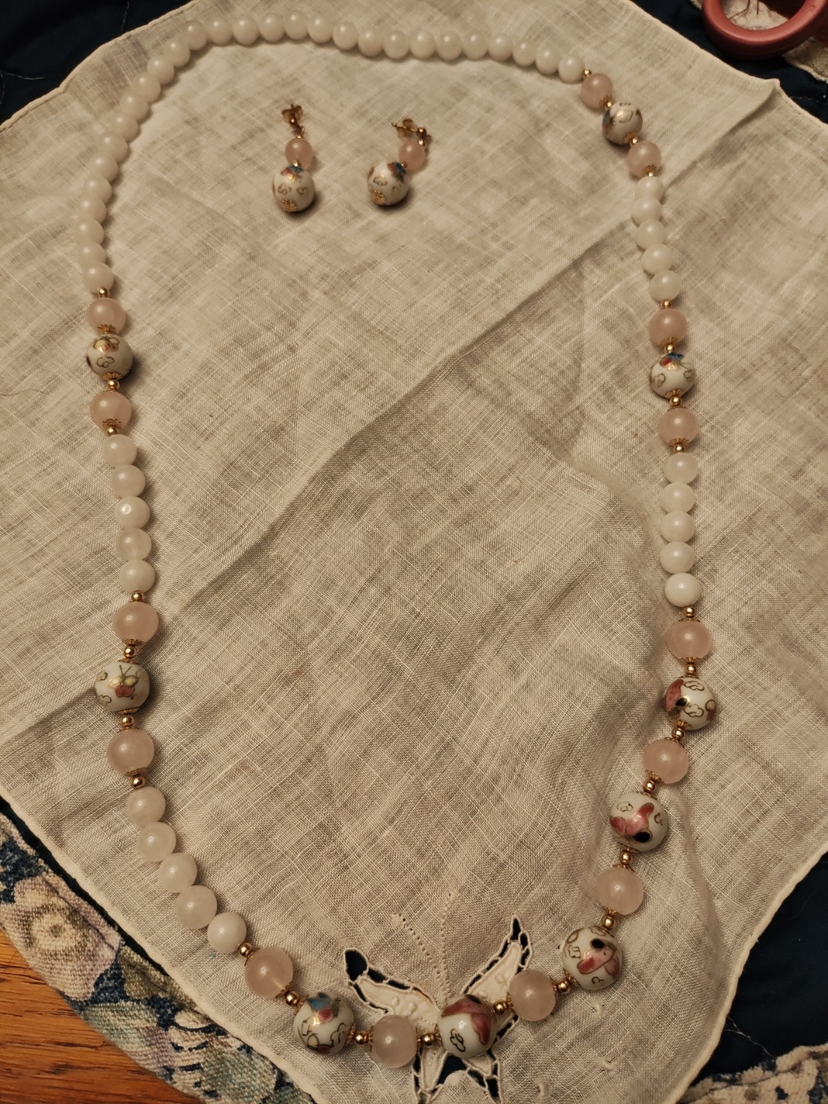 White Glass & Pink Quartz Butterfly Cloisonne Beads Necklace & Earrings Set 27 L