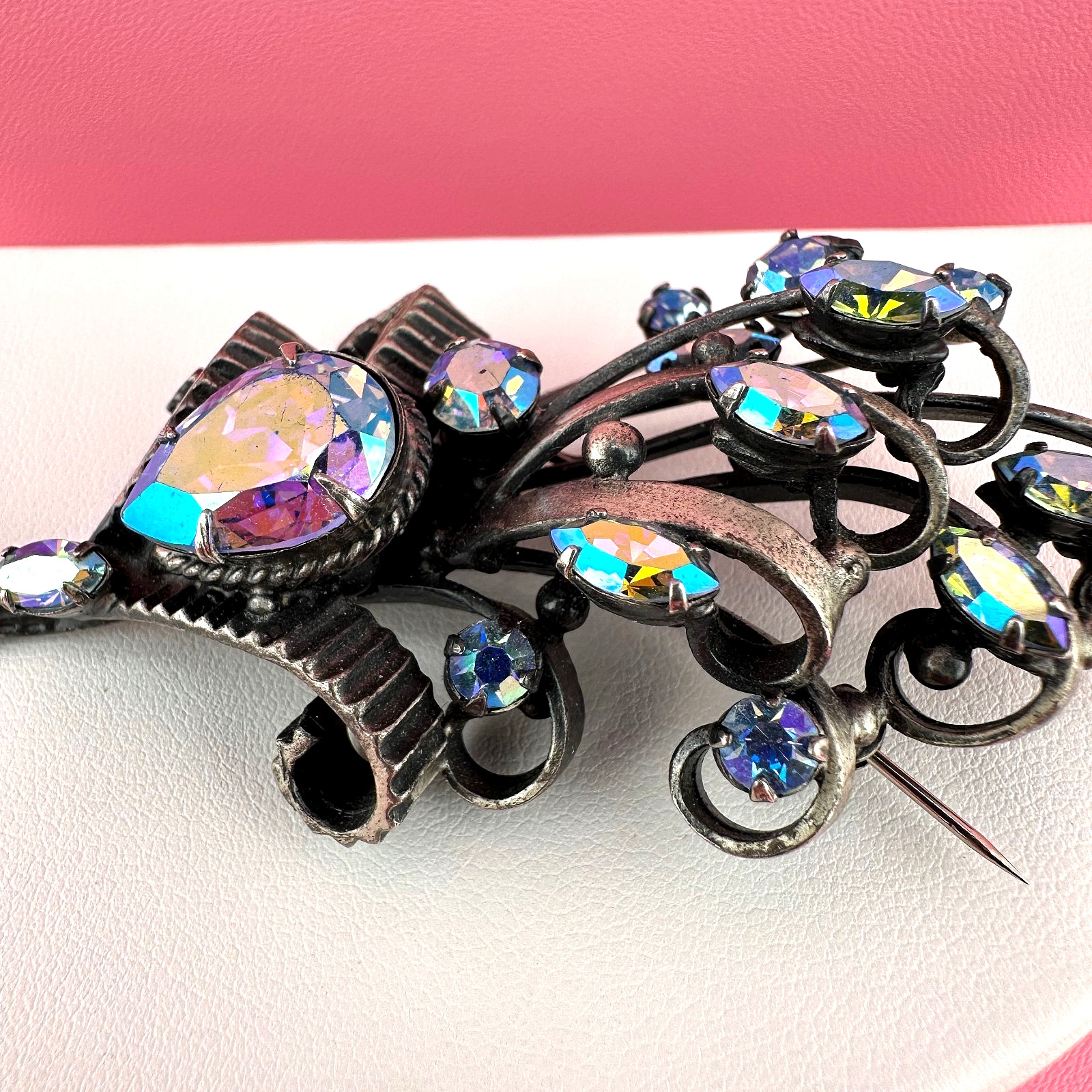 Vintage Rhinestone Brooch Aqua Blue Aurora Borealis Floral Bouquet Pot Metal?