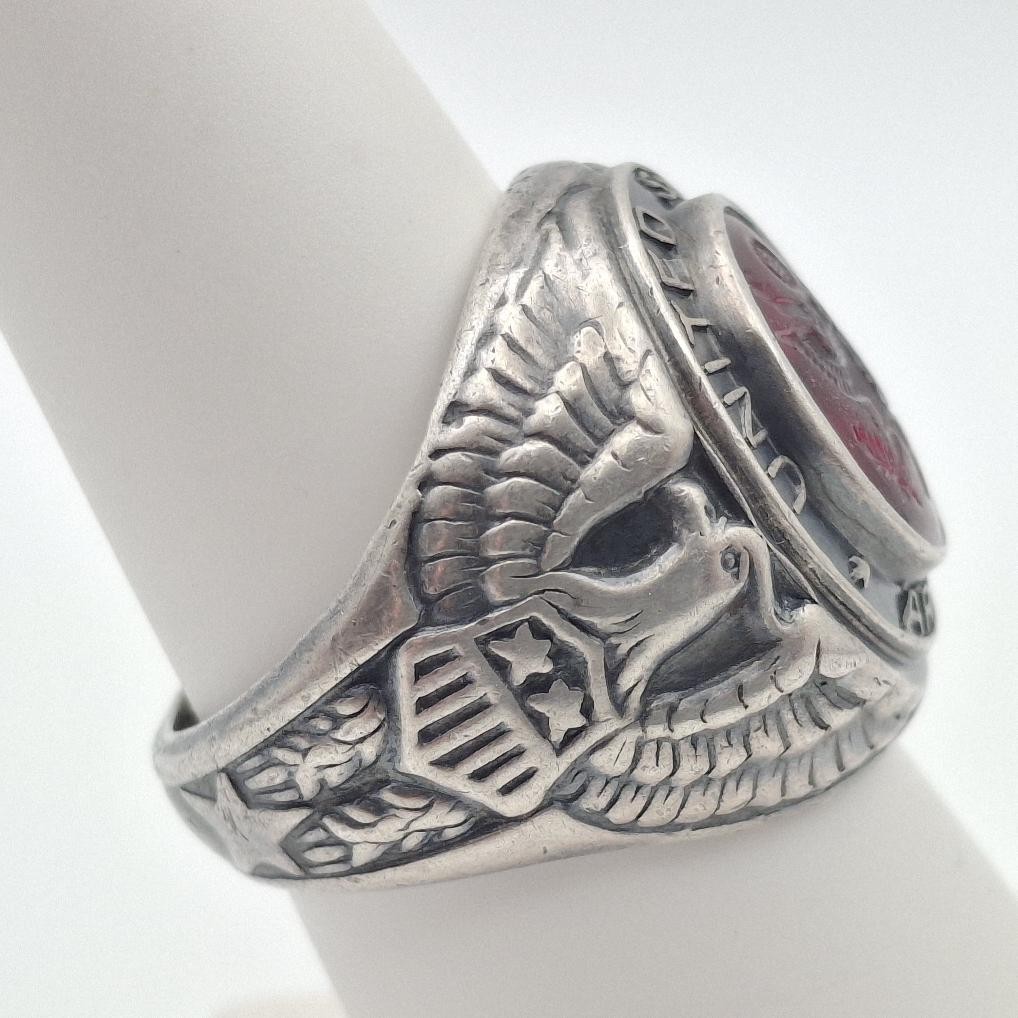 Vintage 925 Sterling Silver US Army Seal Red Intaglio Glass Signet Ring Size 7.5