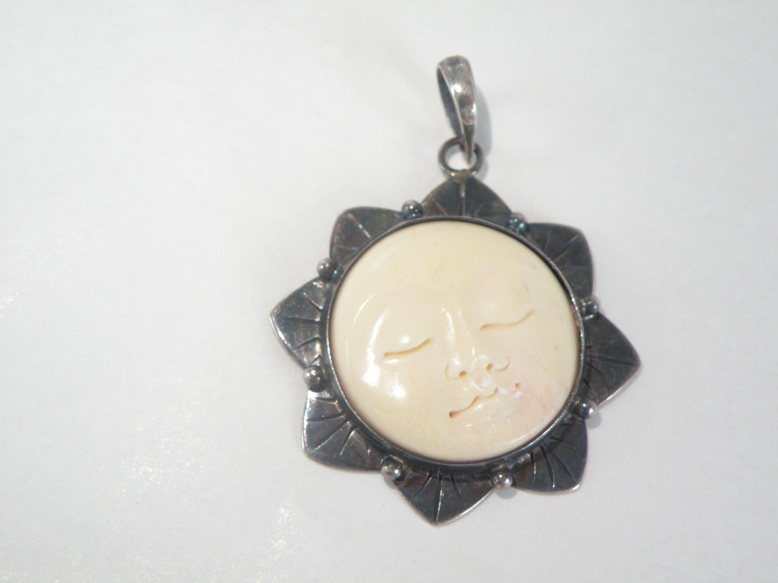 Vintage Sterling Silver 925 Large Carved Sun Moon Face Pendant