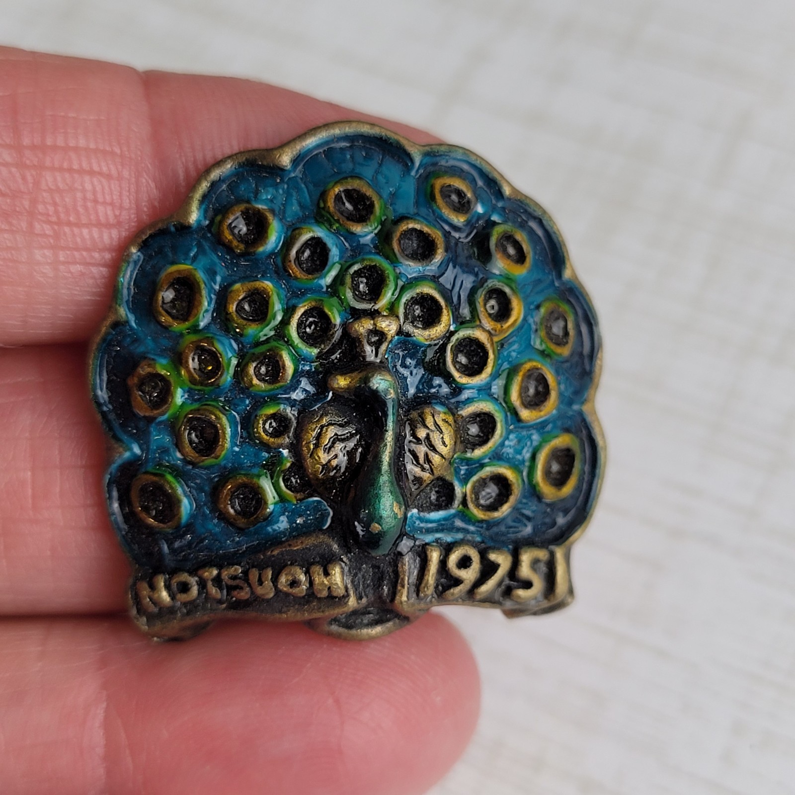 Vintage Peacock Brooch Metal Multicolor Enamel Notsuoh 1975 Houston Signed KIM
