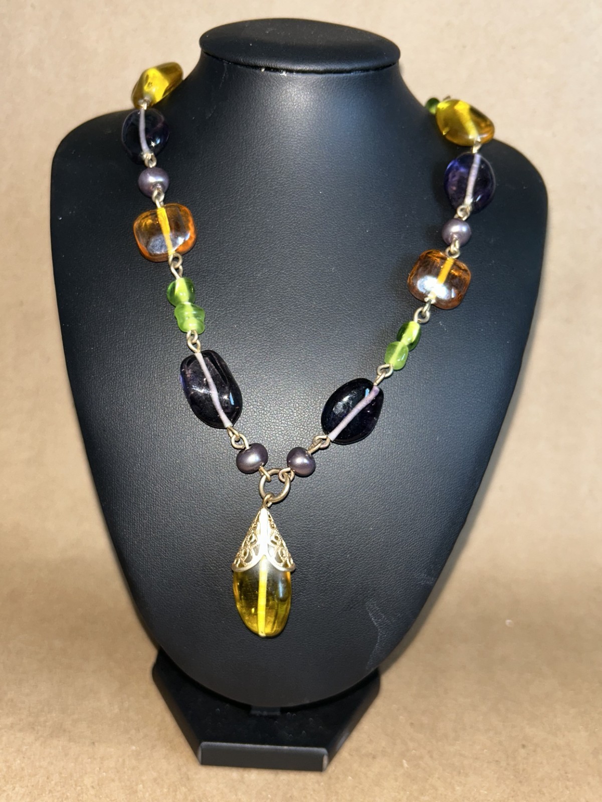Vintage Glass Multicolor Beaded necklace 20-22″ Purple, Green, Amber, Yellow