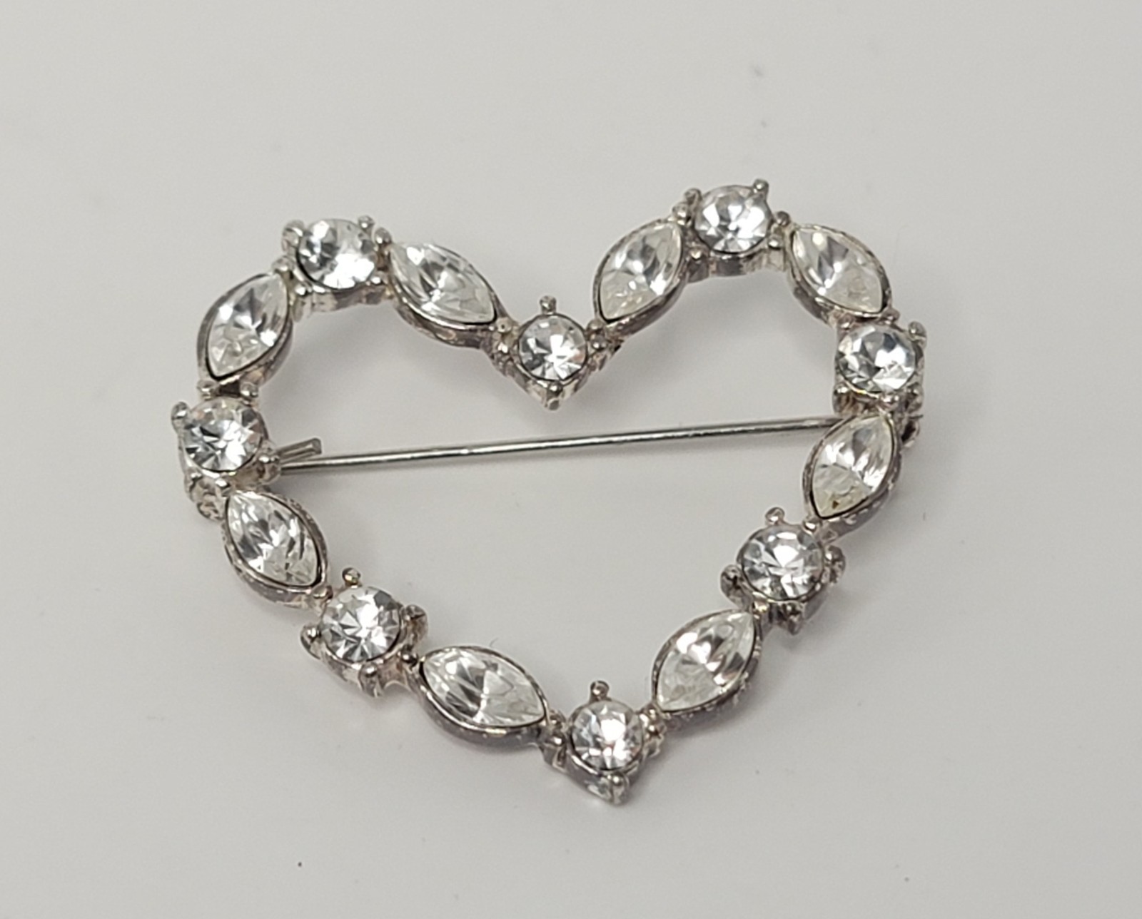 Navette & Round Rhinestones Heart Shaped Brooch Pin Silver Tone