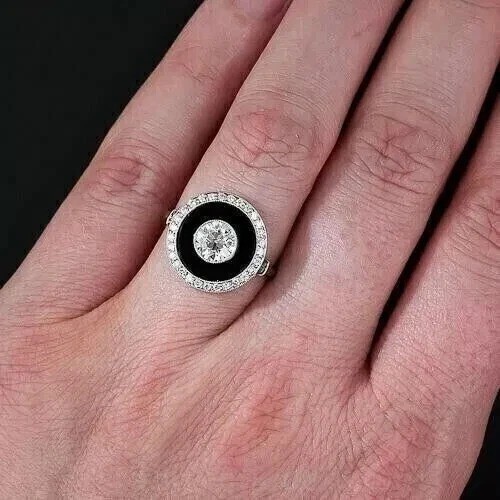 Art Deco Style Lab-Created Diamond & Black Onyx Wedding 14k White Gold FN Ring