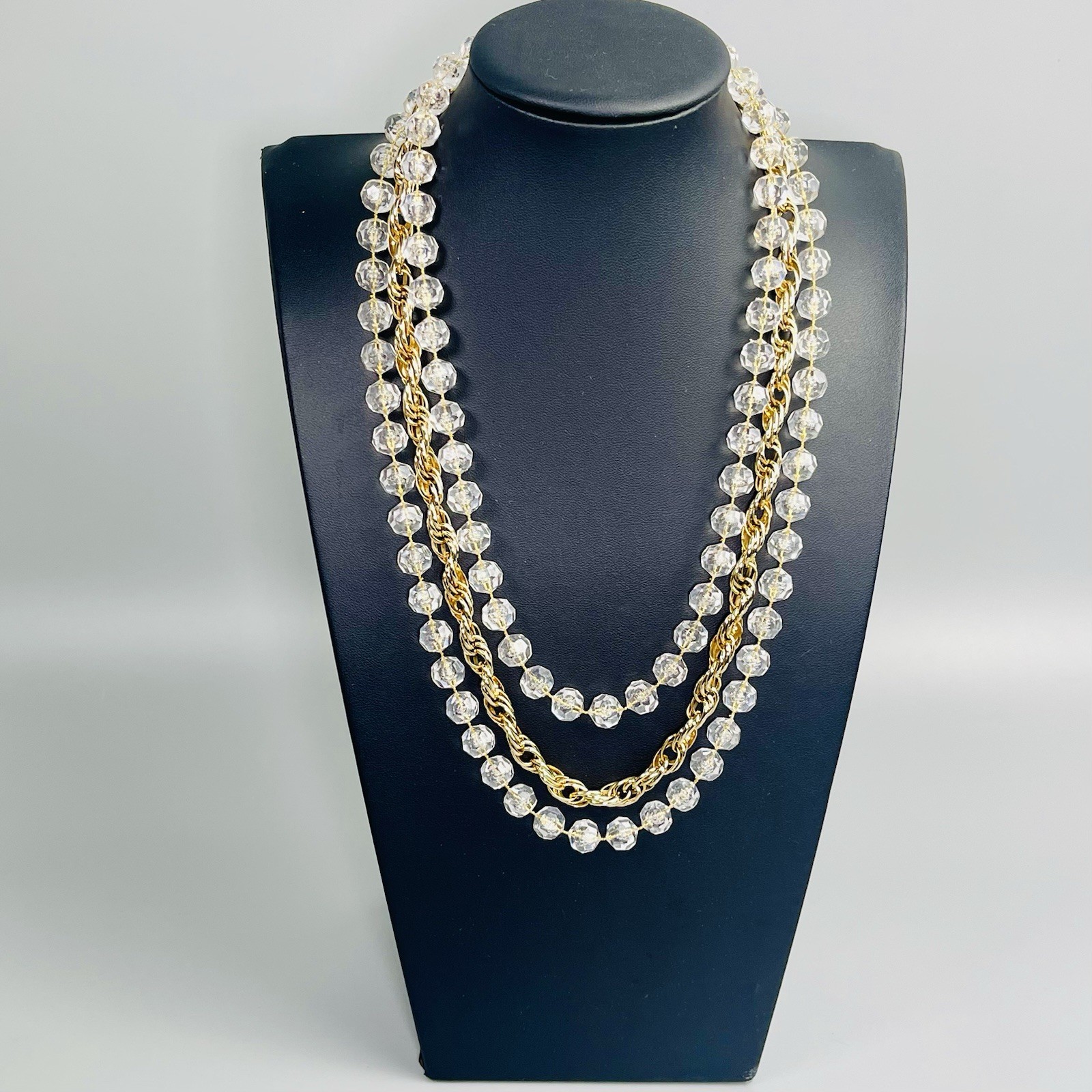 Sarah Coventry “Golden Ice” 3 Strand Clear Bead Gold Tone Necklace Signed 21”