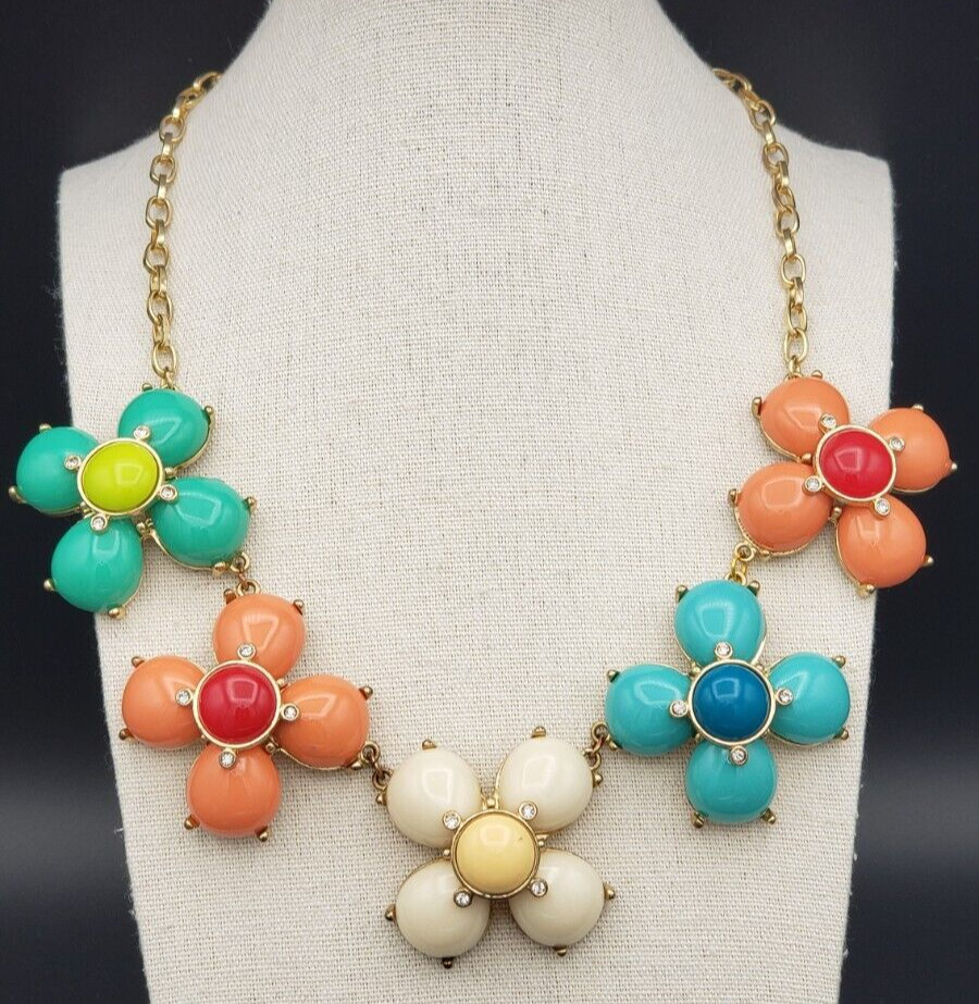 Vintage Set Flower Multicolor Gold Tone Necklace 19 + 3 in & Bracelet 7.5 in