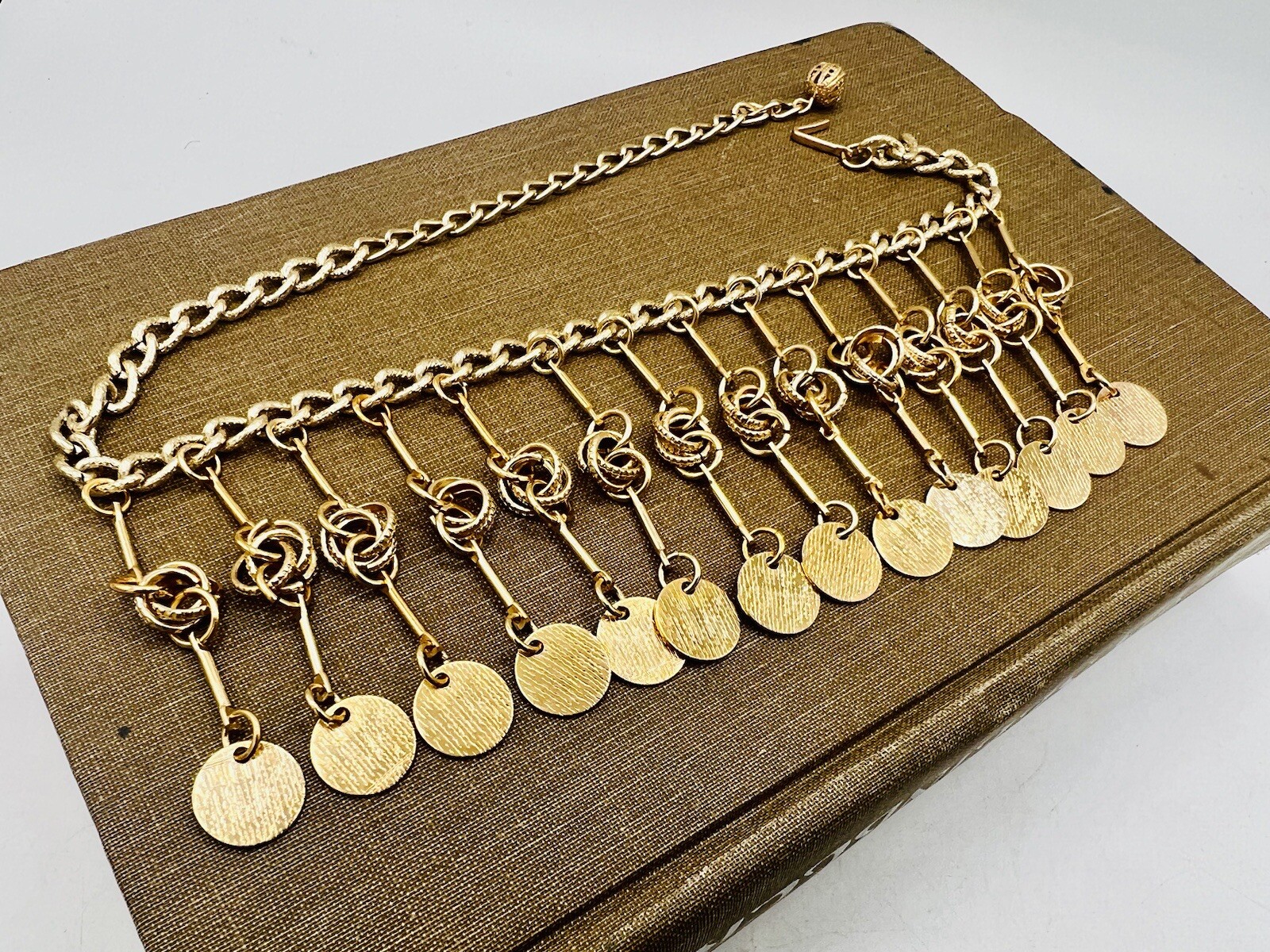 Vintage 1980s New Old Stock Gold Statement Necklace Choker Tribal Fringe
