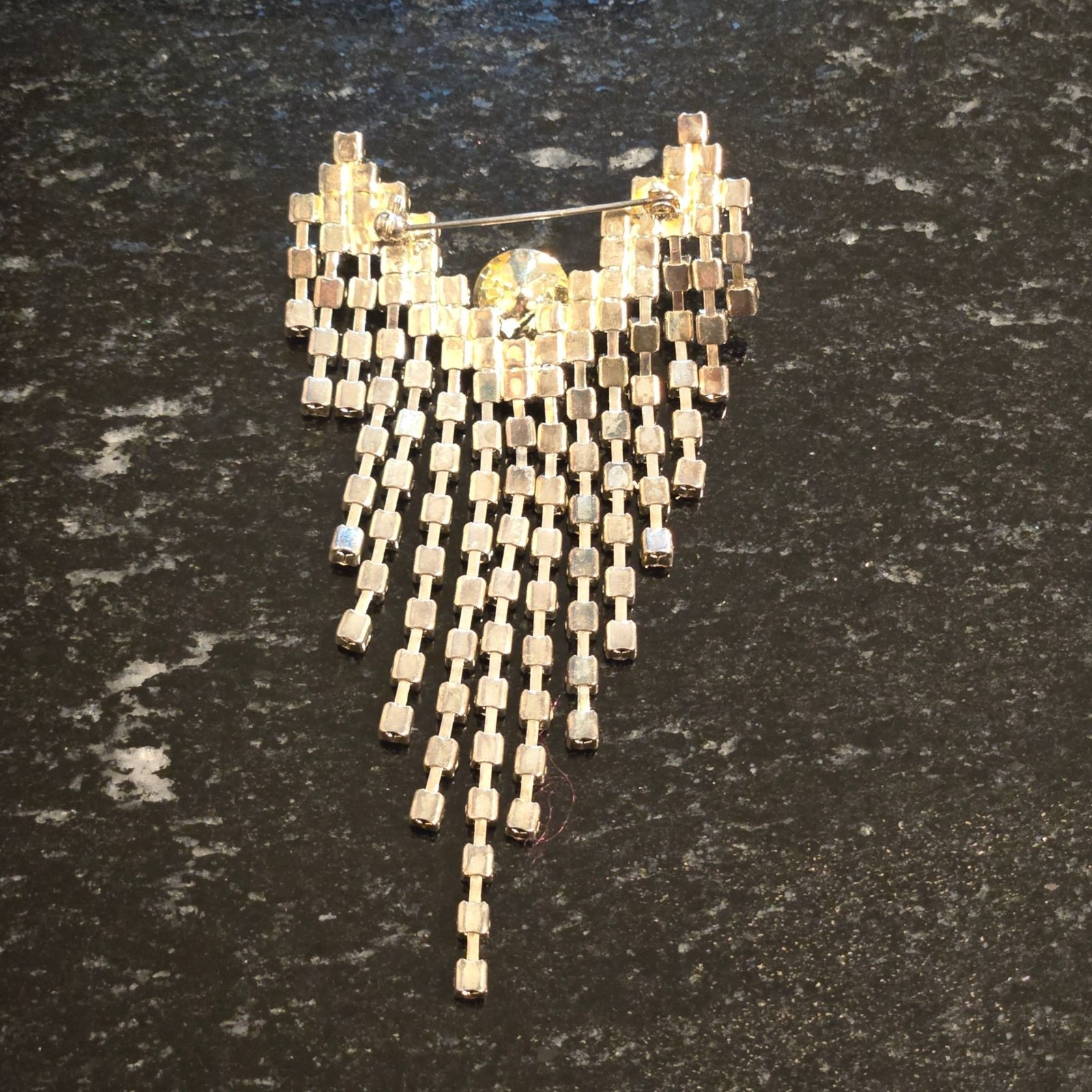 Antique Dramatic Rhinestone Brooch Cascading Fringe Rivoli Center Stone art deco