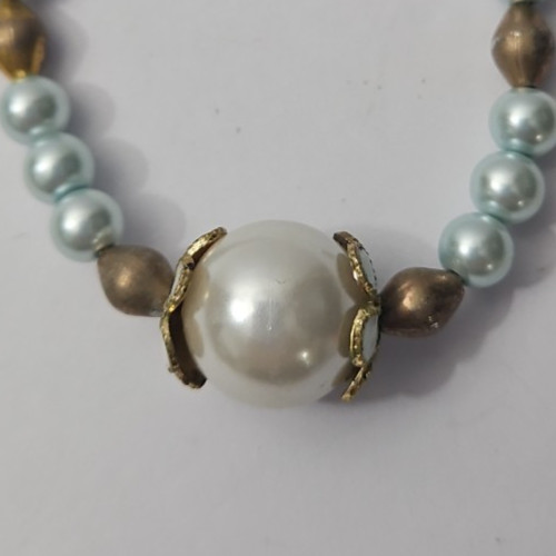 Vintage Necklace Light Blue Faux Pearl Beads Gold Tone Metal Beads Large Pearl