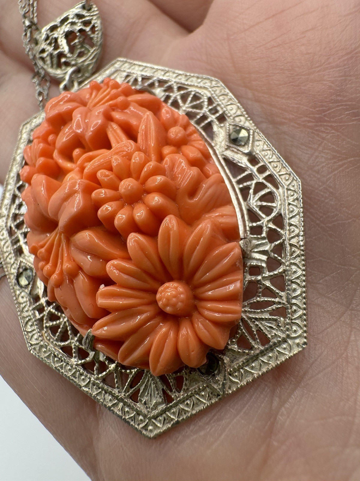 Antiqued ART DECO designed GERMANY faux Coral Carved Filigree Necklace Pendant
