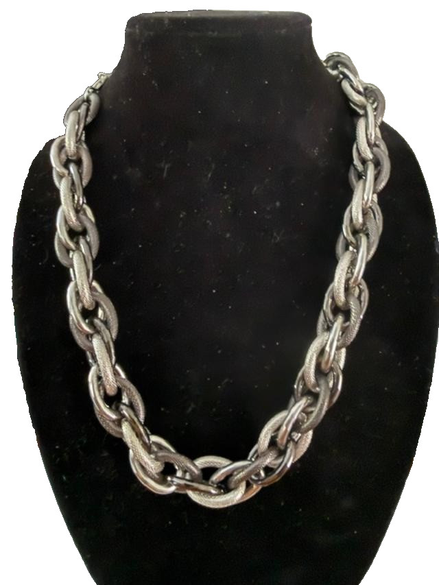 Vintage Silver Tone Chunky Mesh Link Necklace, Alternating Textured Oval Links