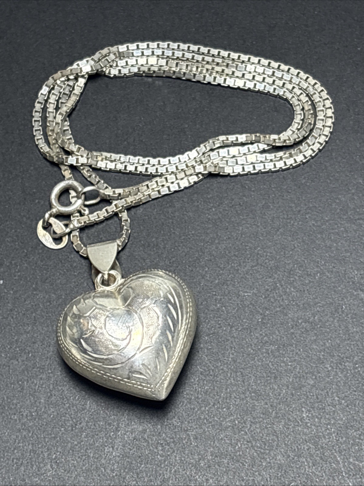Vintage Sterling Silver Puffy Heart Pendant Necklace 20” Box Chain 925