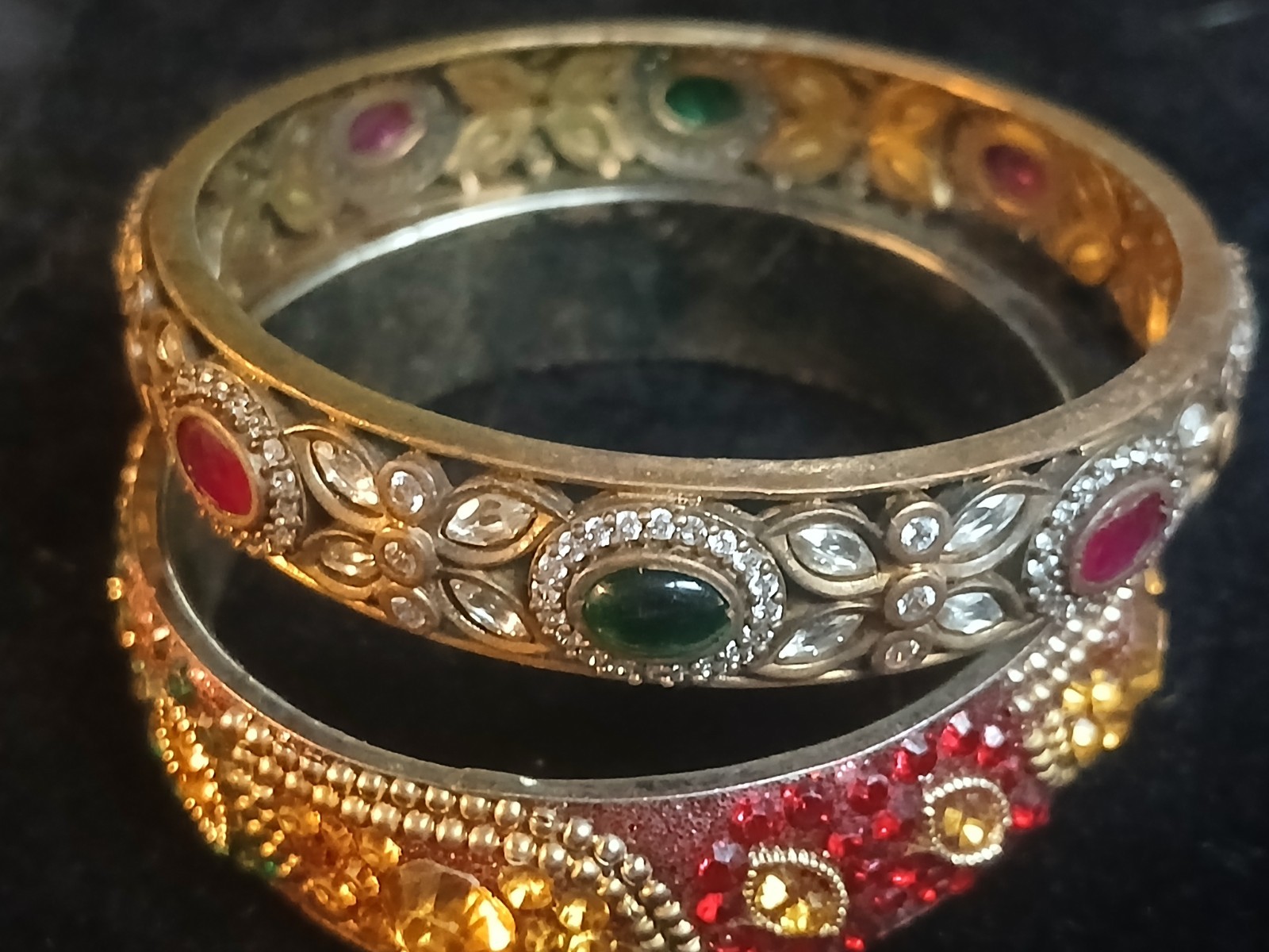 Two Vintage Multi-Color Rhinestone Indian Style Bangle Bracelet 2.5″ Diameter