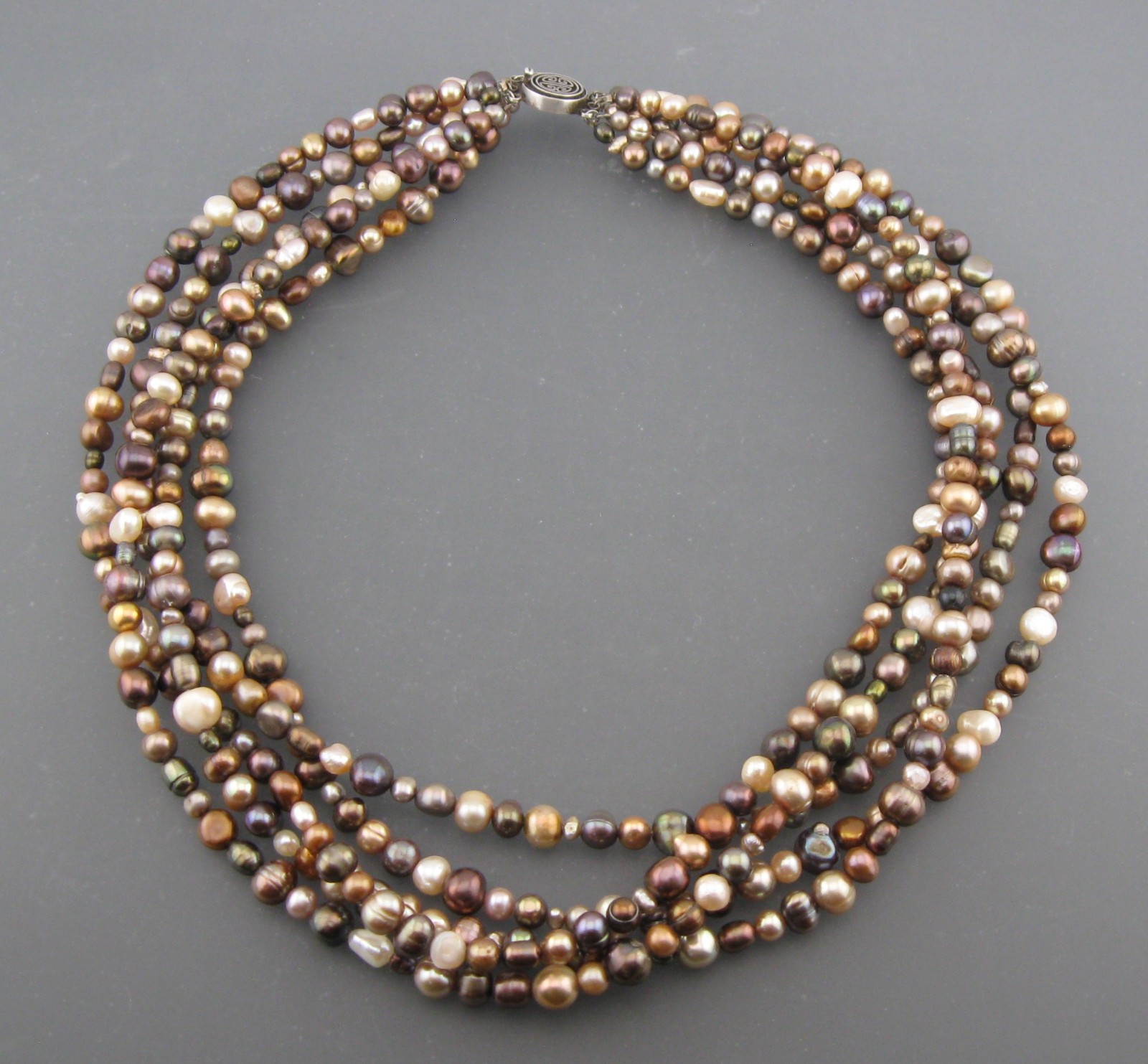 Multicolor Freshwater Pearl Multi Shape Five Strand Necklace Sterling Clasp
