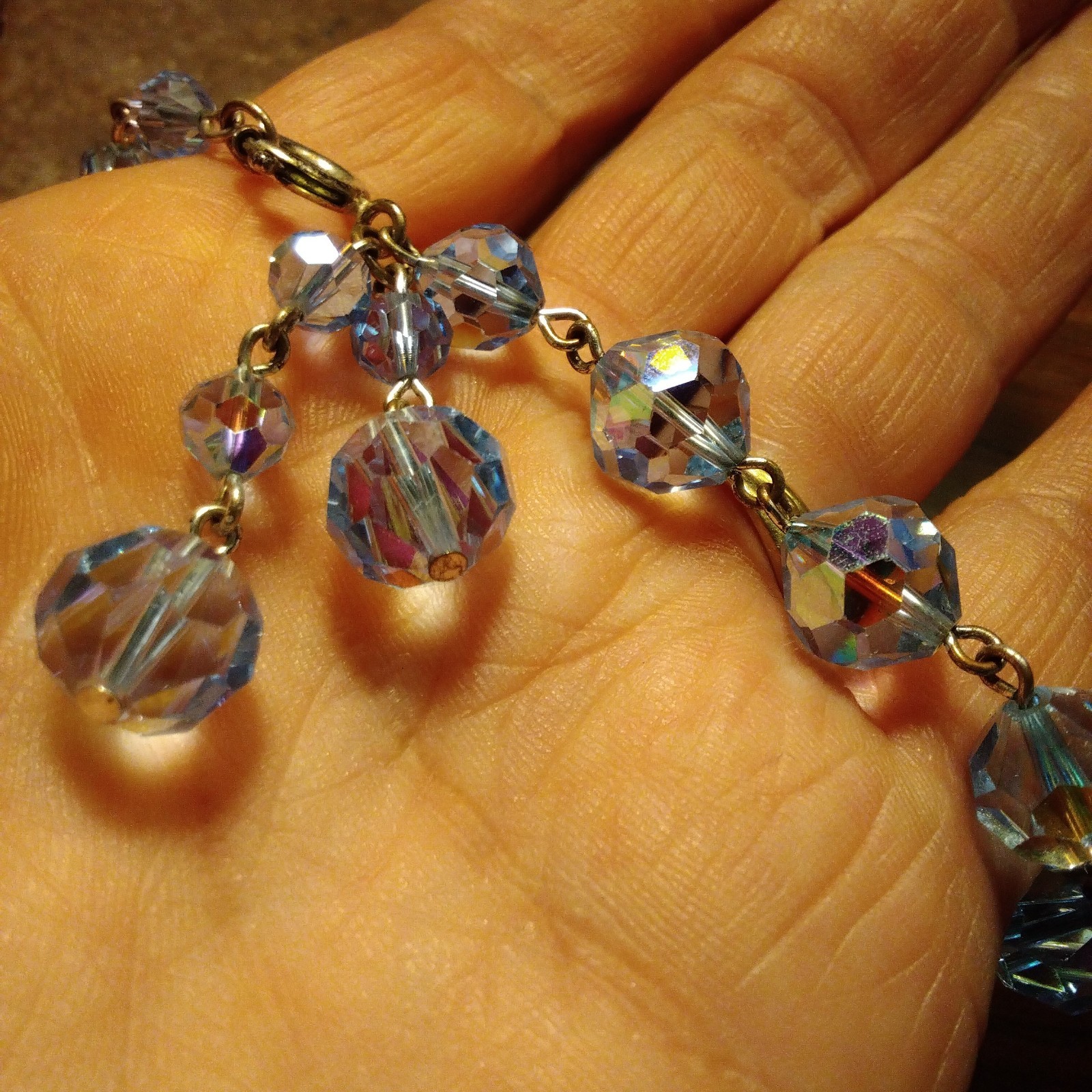 AURORA BOREALIS BLUE Heavy Link CRYSTAL BEAD 8″ BRACELET DANGLES Czech Glass VTG