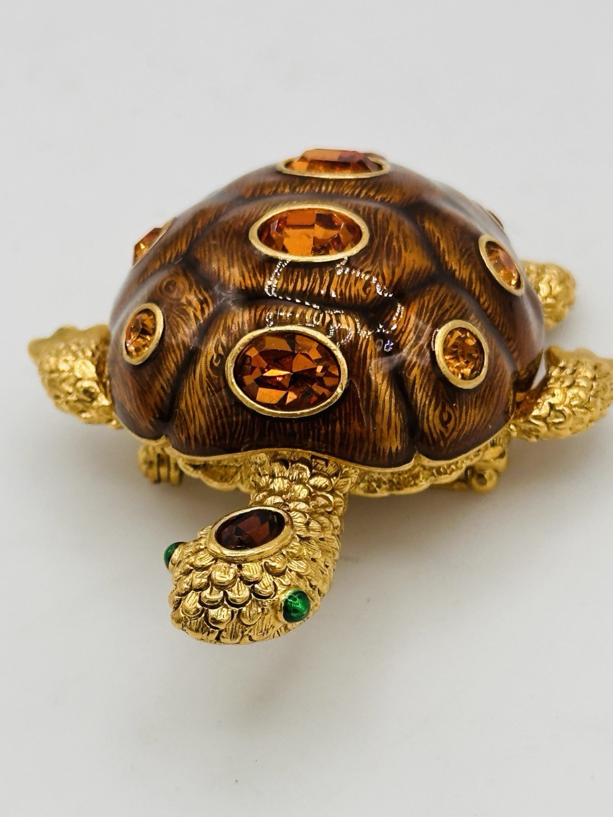 Signed Joan Rivers Turtle Brooch Pin Gold Tone Brown Enamel Amber Rhinestone